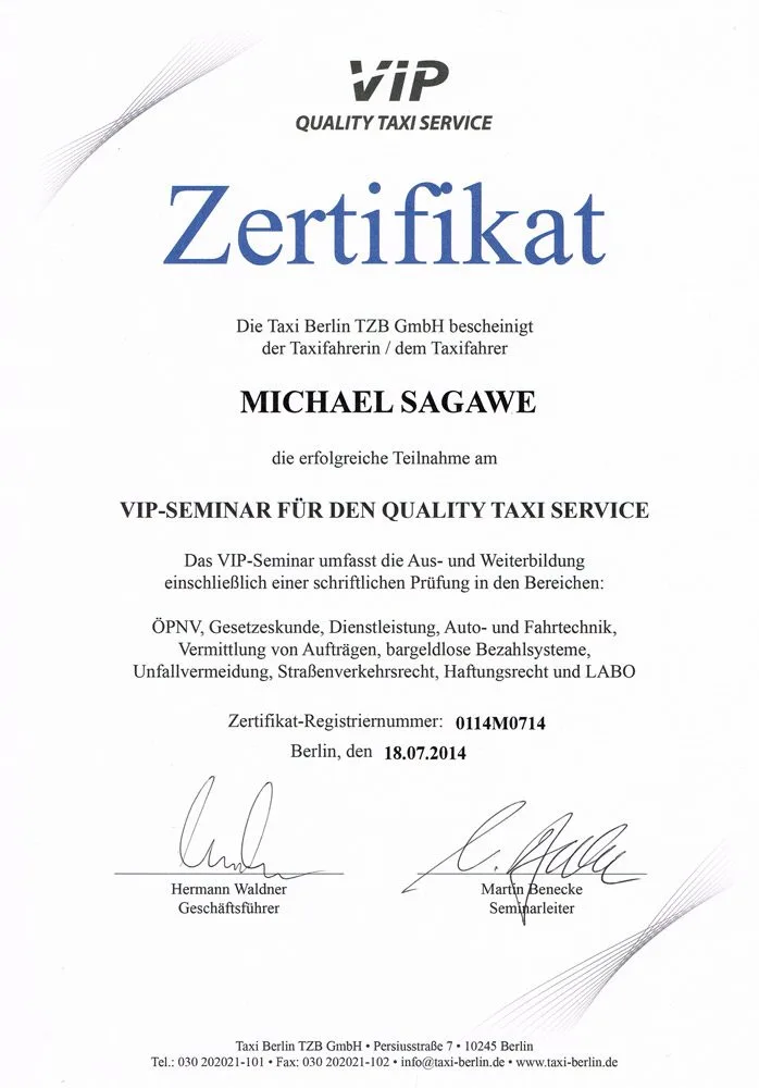 Zertifikat über die Teilnahme am VIP-Seminar für den Quality Taxi Service