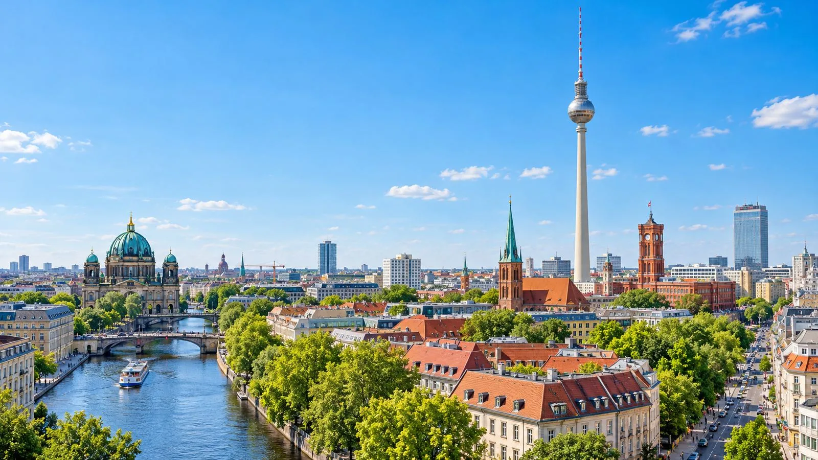 Helle Berliner Straße mit Läden und Passanten